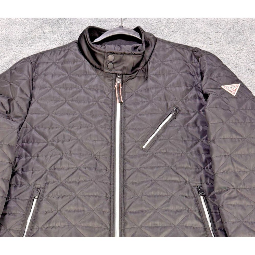 Guess Quilted Bomber Jacket Men XL Black Moto Blade Collar Full Zip Tech Pockets